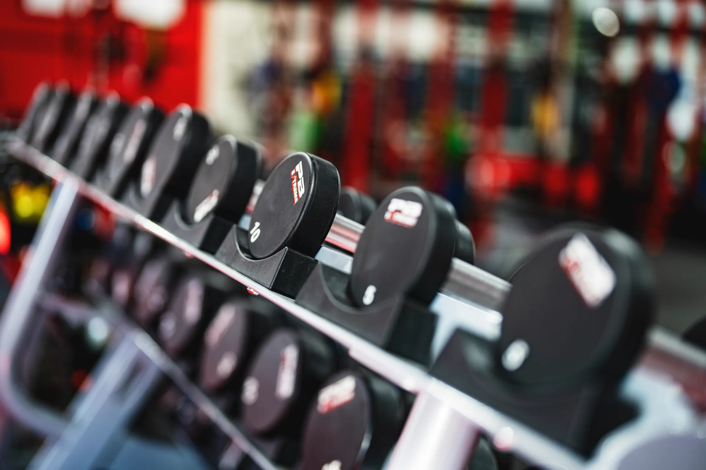A row of dumbbells, racked